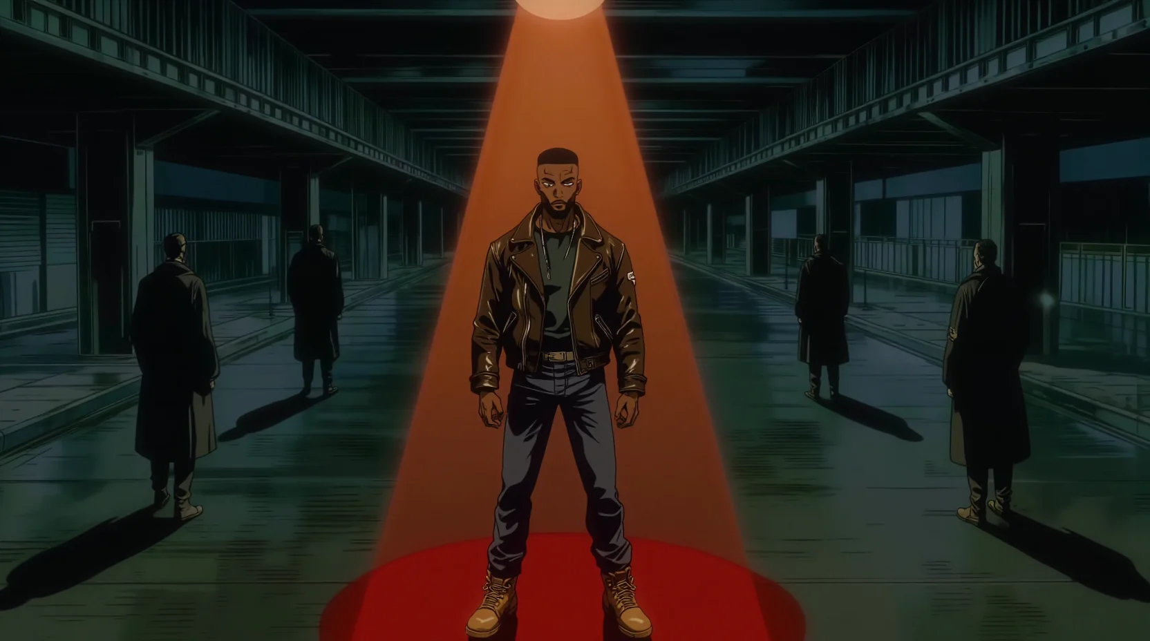 Alex stands alone in a single cone of streetlight under the el at night while four men in long black coats wait at the edges of the dark.